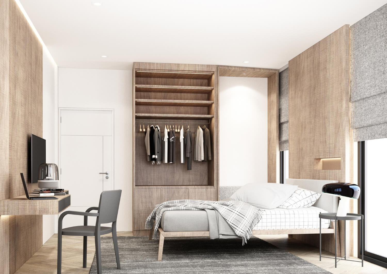 bedroom-designed-minimalist-style-with-bed-bedside-table-walls-are-decorated-with-wooden-materials-parquet-floors-wooden-blinds-with-many-decorations-wardrobe-3d-render (1)
